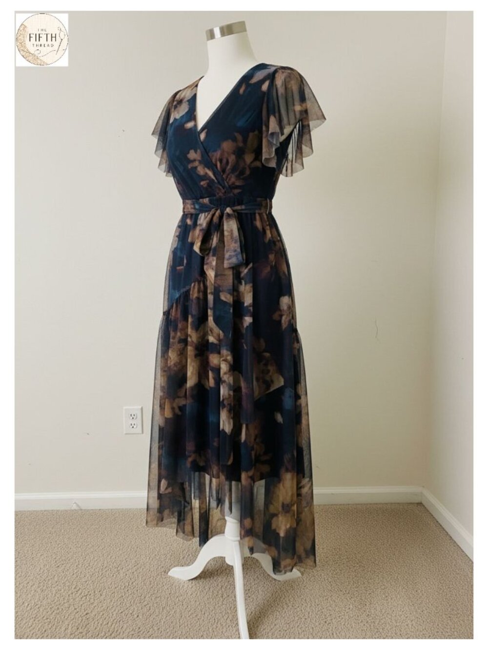 Simplee Womens Floral Maxi Dress Short Sleeve V Neck Belted Mesh Hem